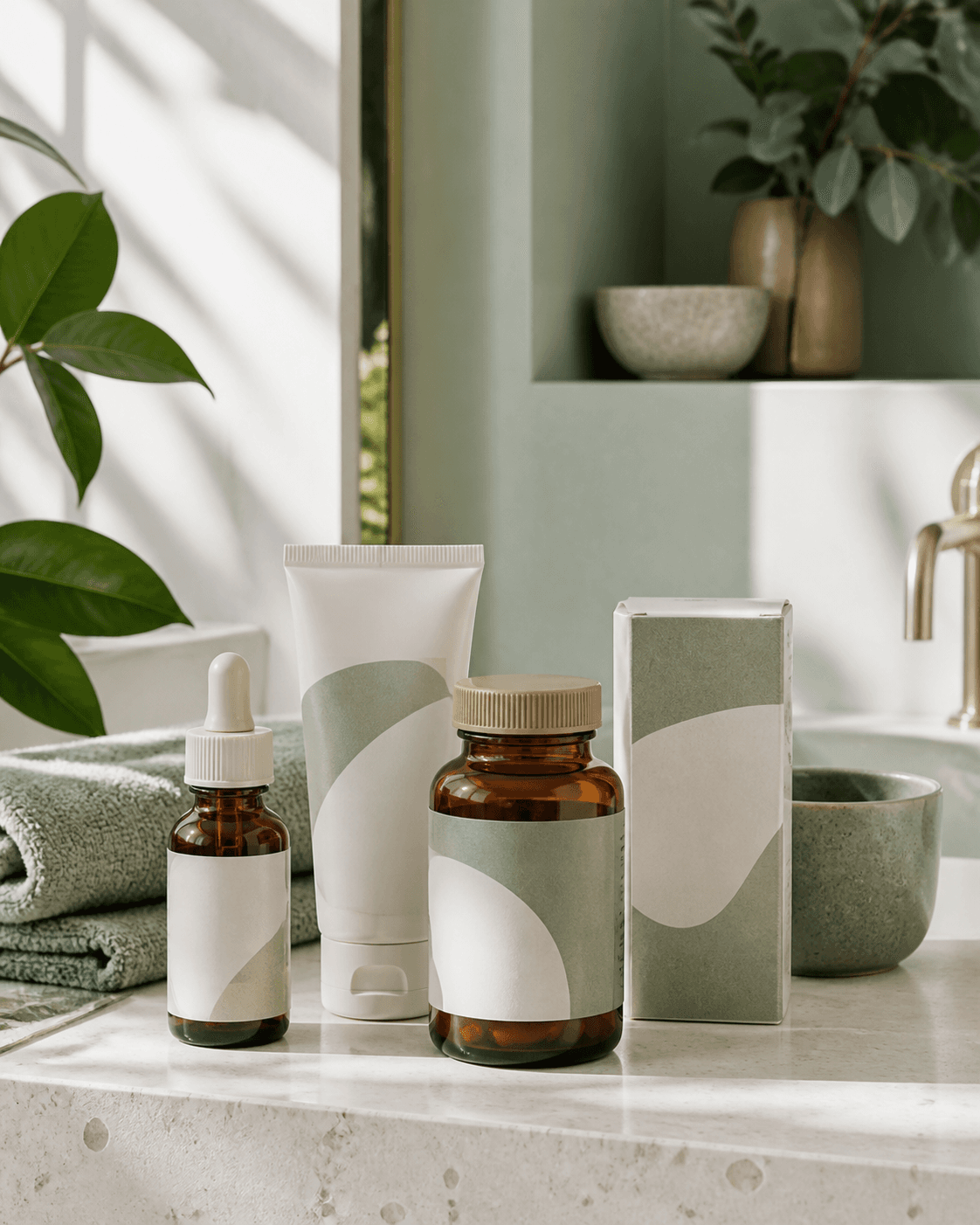 Unbranded wellness containers arranged in a calm, sunlit daily-care setting