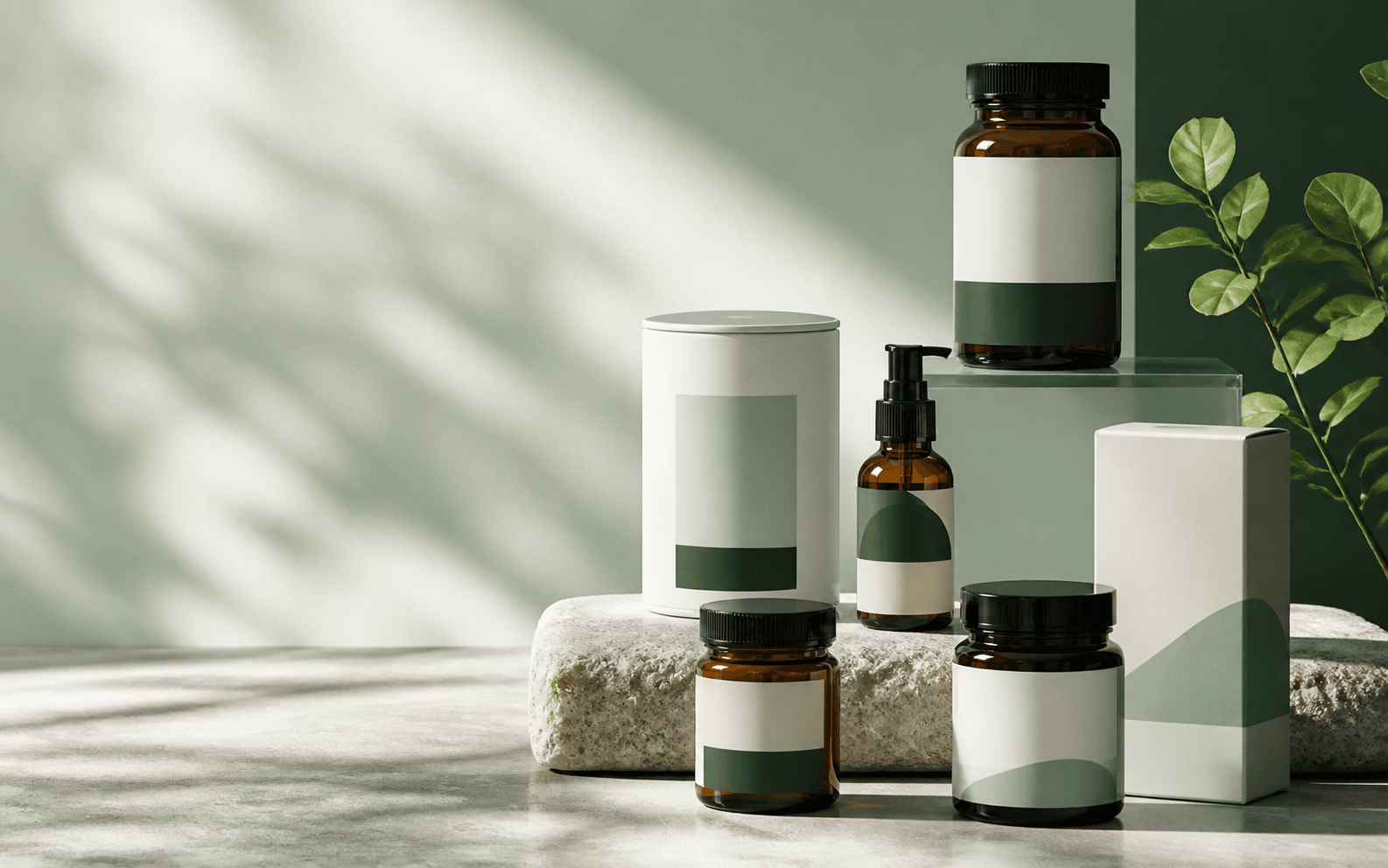 Unbranded wellness containers arranged on stone and glass plinths in a cool green studio